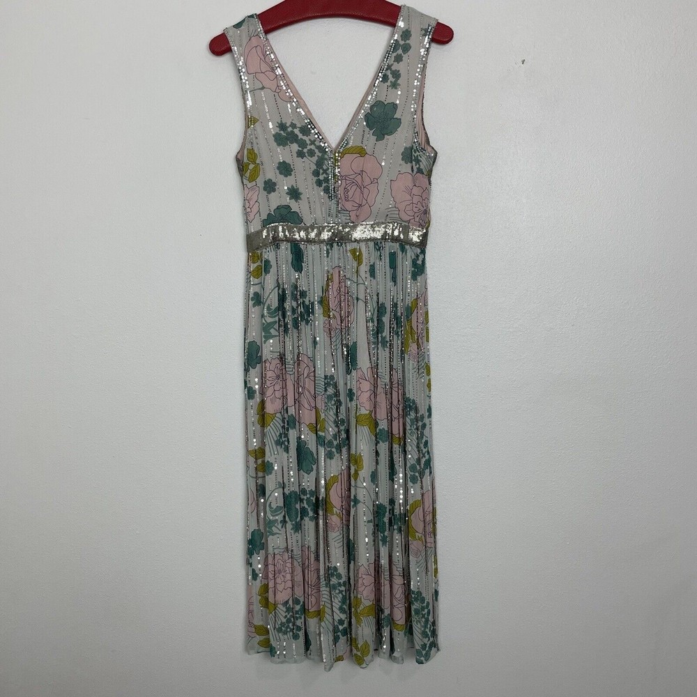Anthropologie Sylvia Sequin Beaded Fringe Midi Dress Floral | Size 2 - Picture 11 of 16